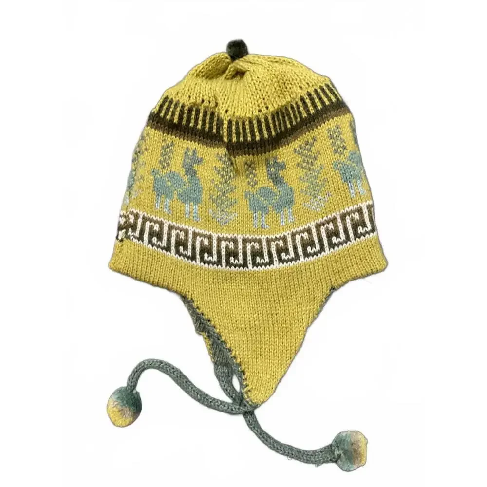 Reversible Knitted Winter Hat with Earflaps and Pom Poms